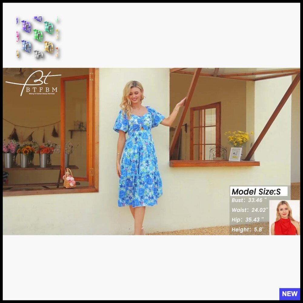 Boho Maxi Dress Flowy Smocked Back Square Neck Short Sleeve Casual Summer - Picture 7 of 7